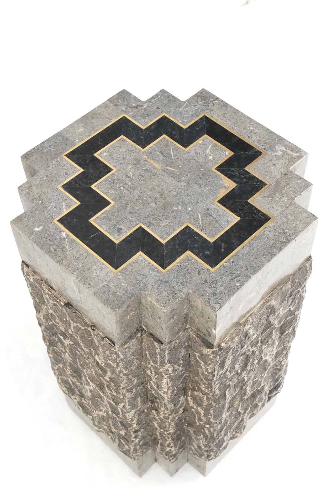 EstablishedLines Tessellated Stone Brass Inlay Square Pedestal Stand End Table Black & Grey Mint