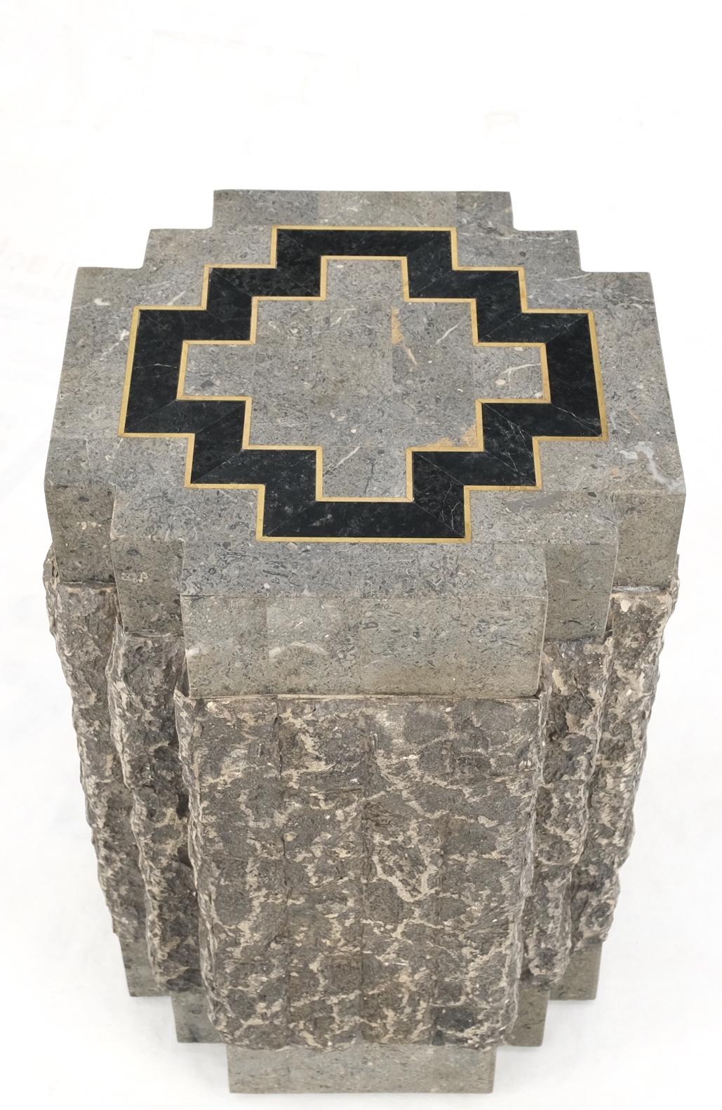 EstablishedLines Tessellated Stone Brass Inlay Square Pedestal Stand End Table Black & Grey Mint