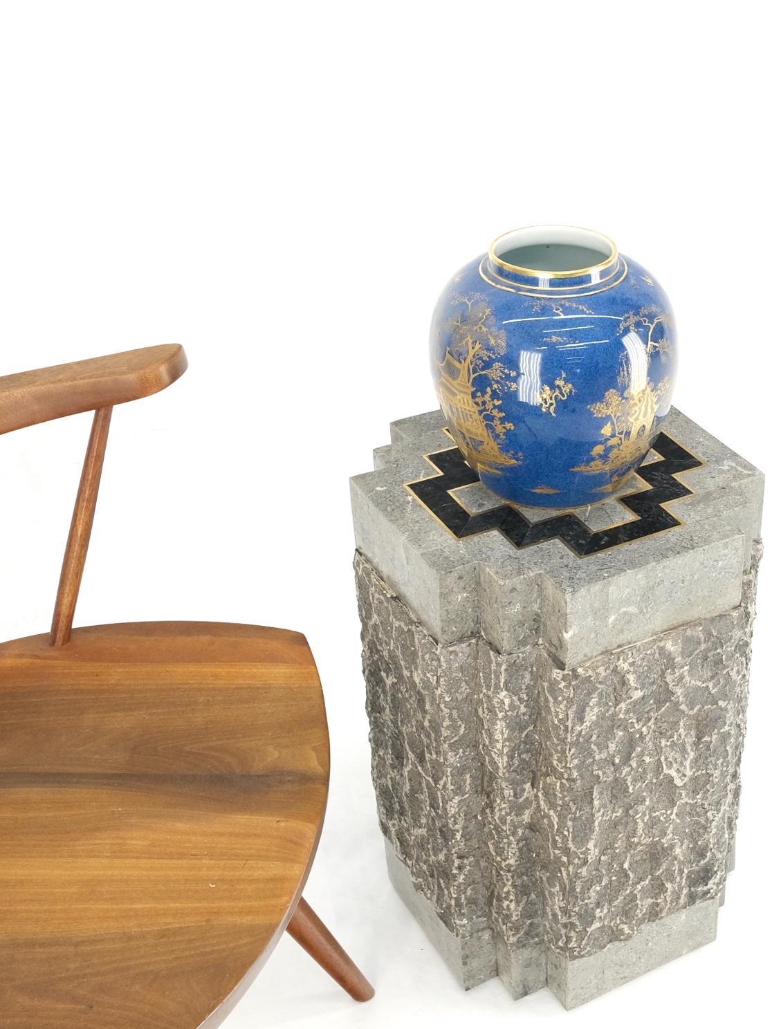 EstablishedLines Tessellated Stone Brass Inlay Square Pedestal Stand End Table Black & Grey Mint