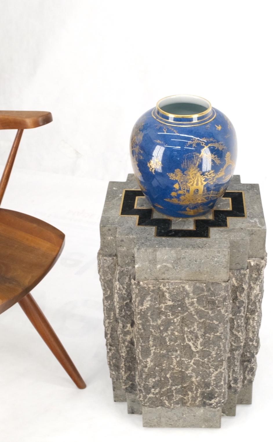 EstablishedLines Tessellated Stone Brass Inlay Square Pedestal Stand End Table Black & Grey Mint