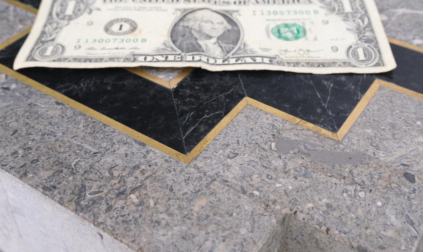 EstablishedLines Tessellated Stone Brass Inlay Square Pedestal Stand End Table Black & Grey Mint