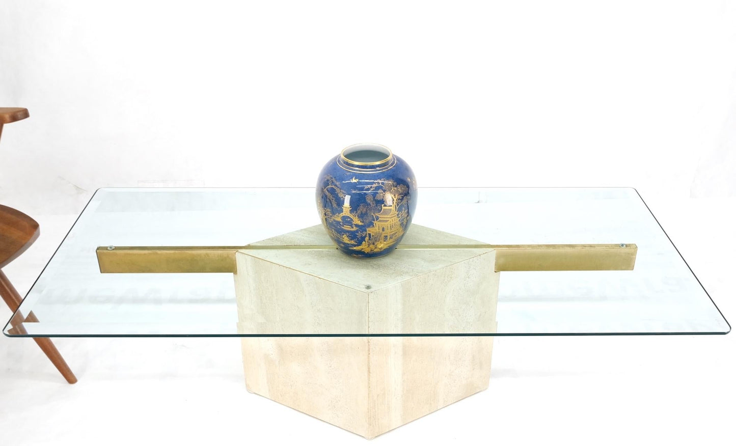 EstablishedLines Diamond Shape Pedestal Travertine Base Glass Top Rectangle Coffee Table Mint