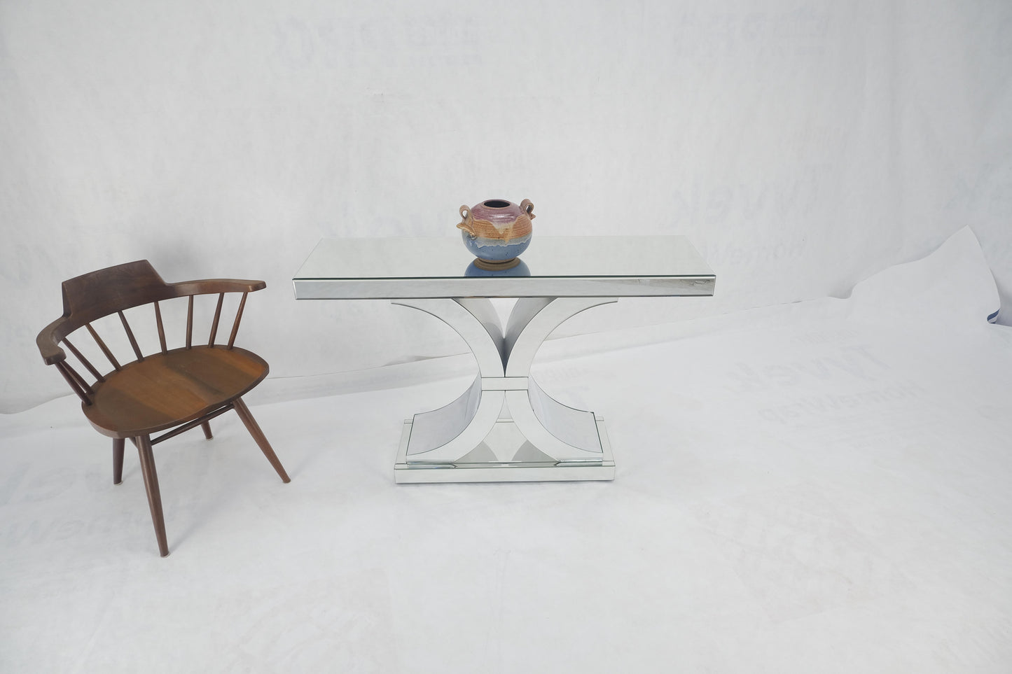 EstablishedLines All Mirrored 360 Degrees Beveled & Curved Mirror 4' Long Console Sofa Table MINT