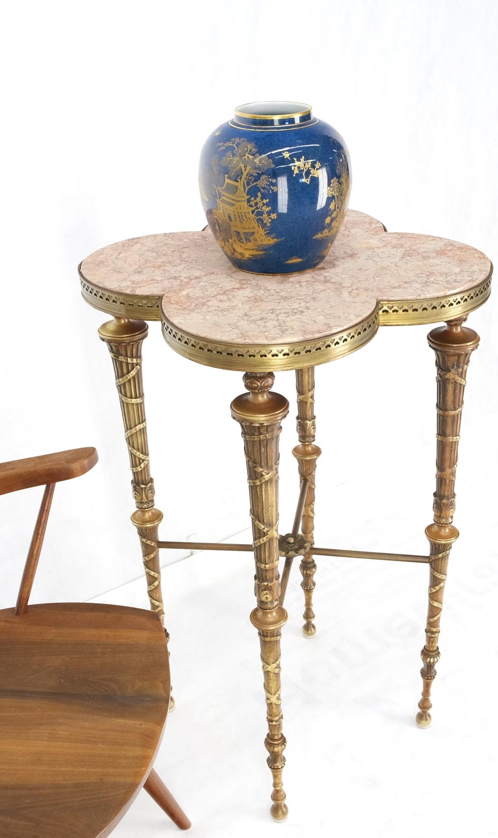 EstablishedLines Exception Clover Shape Pink Marble Top Fluted Brass Legs Tall Pedestal Stand