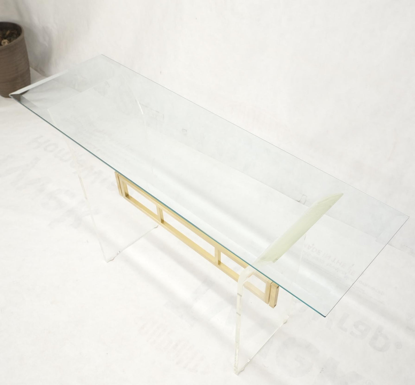 EstablishedLines Lucite & Brass Base Glass Top Console Sofa Table Mid-Century Modern Mint