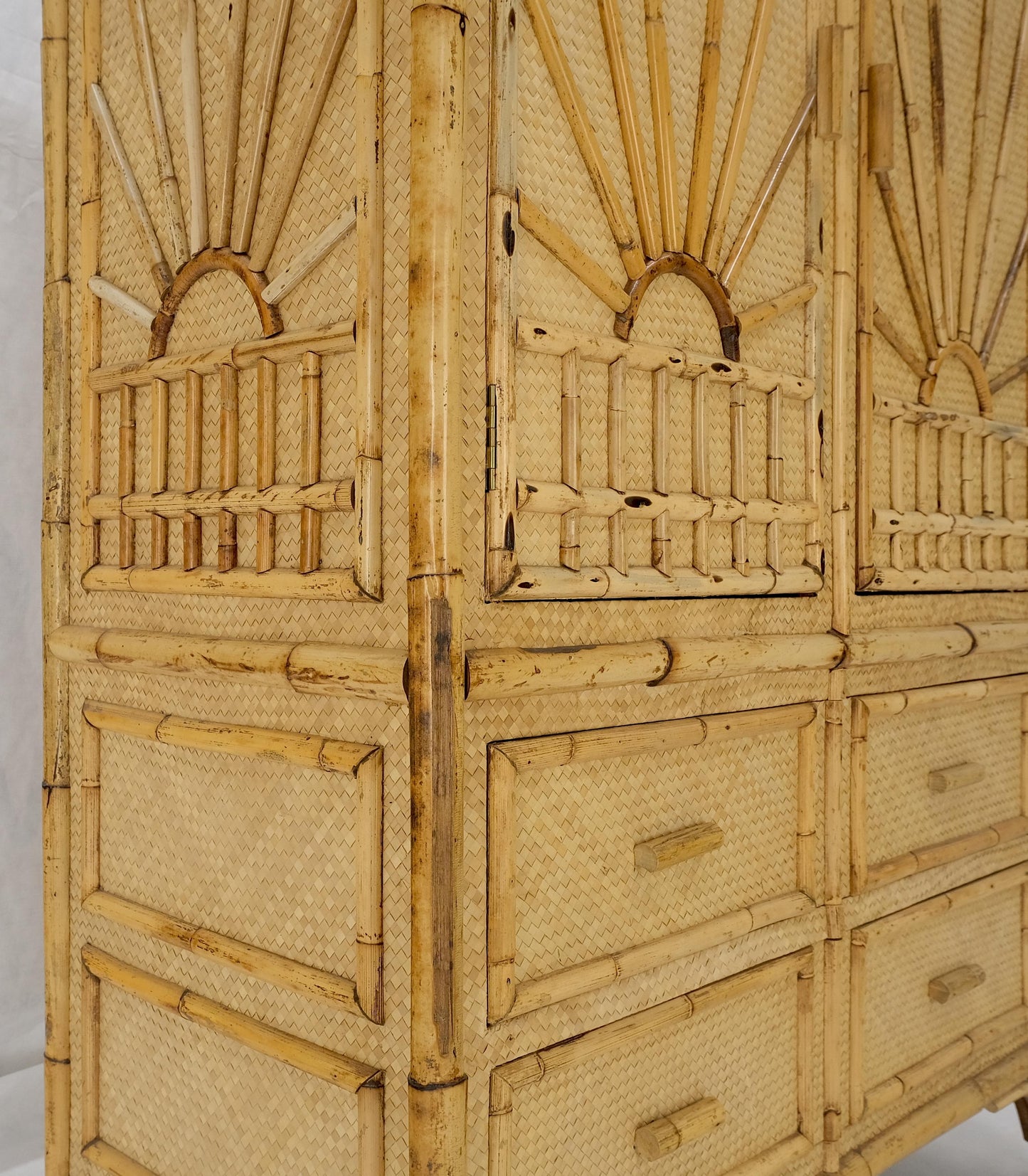 EstablishedLines Burnt Bamboo Grass Cloth Two Doors Chifforobe Cabinet Gentleman's Chest Dresser