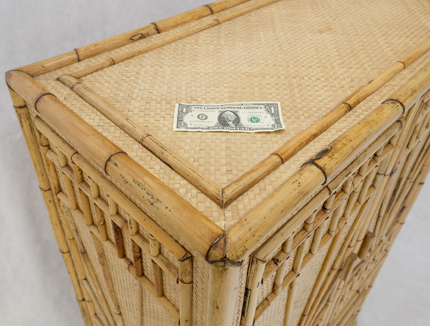 EstablishedLines Burnt Bamboo Grass Cloth Two Doors Chifforobe Cabinet Gentleman's Chest Dresser