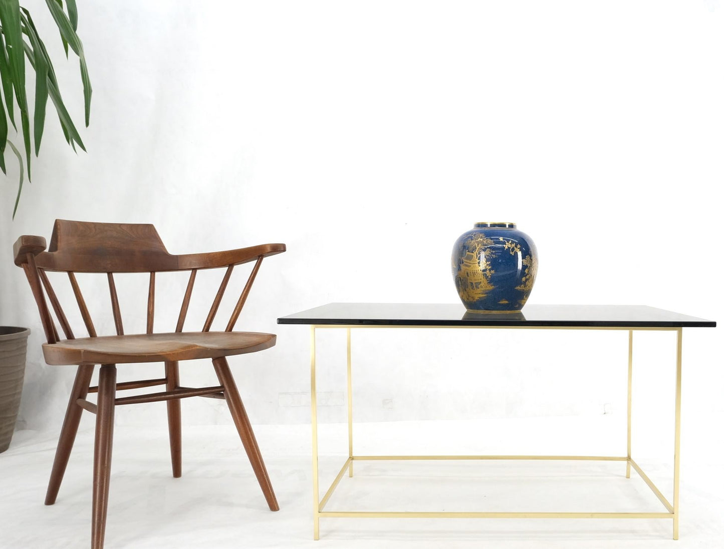 EstablishedLines Square Solid Brass Bar Profile Base Rectangle Smoked Glass Top Coffee Side Table