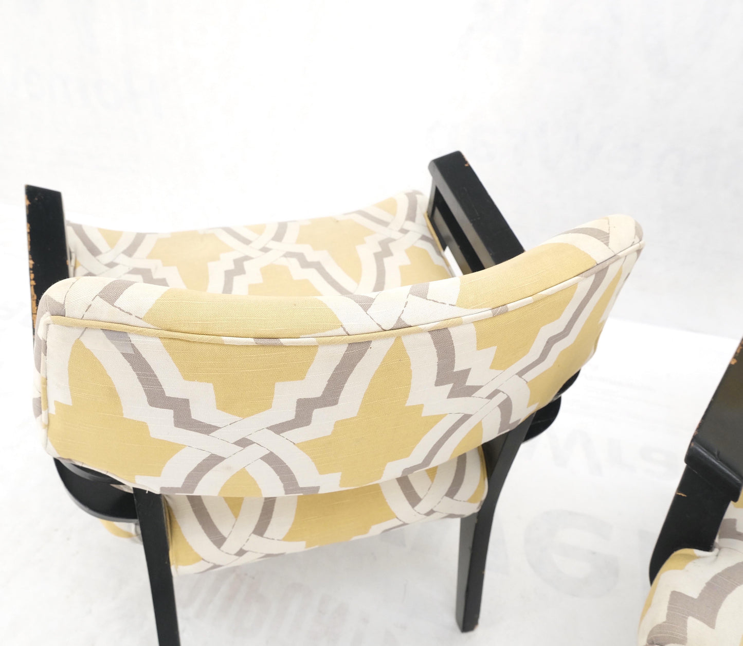 EstablishedLines Pair of Mid-Century Modern Black Lacquer Abstract Fabric Lounge Chairs AS IS