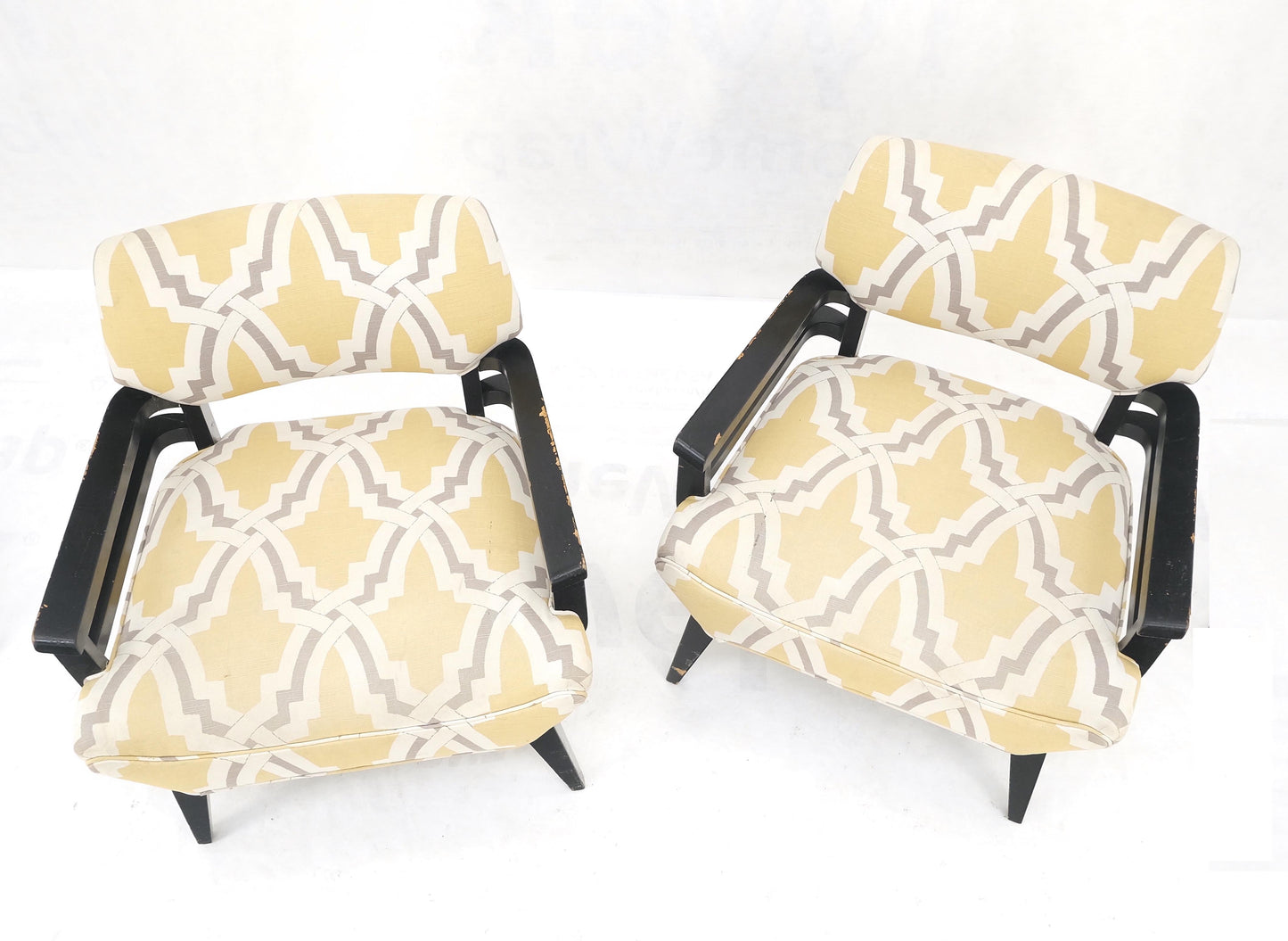 EstablishedLines Pair of Mid-Century Modern Black Lacquer Abstract Fabric Lounge Chairs AS IS
