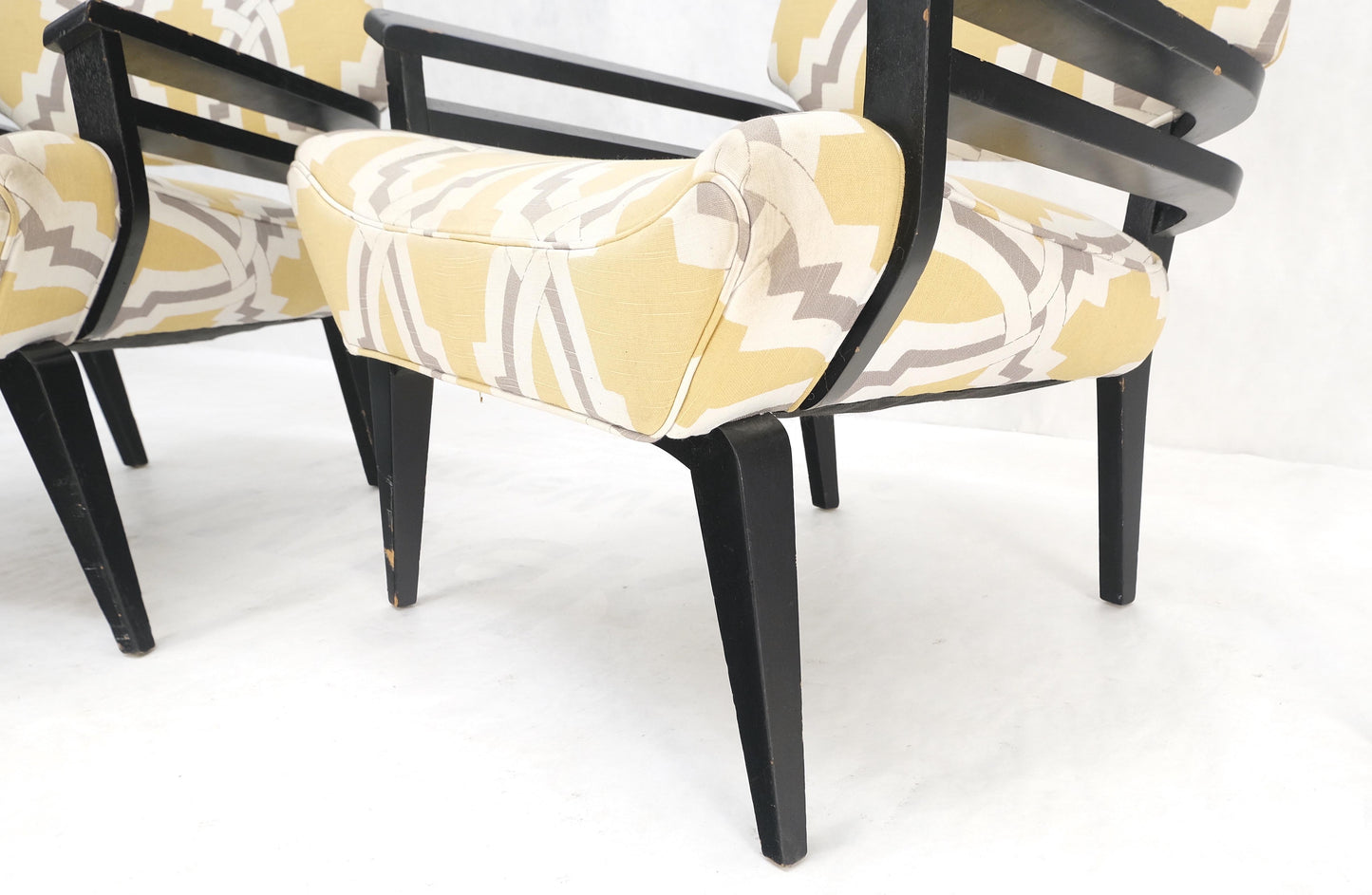 EstablishedLines Pair of Mid-Century Modern Black Lacquer Abstract Fabric Lounge Chairs AS IS