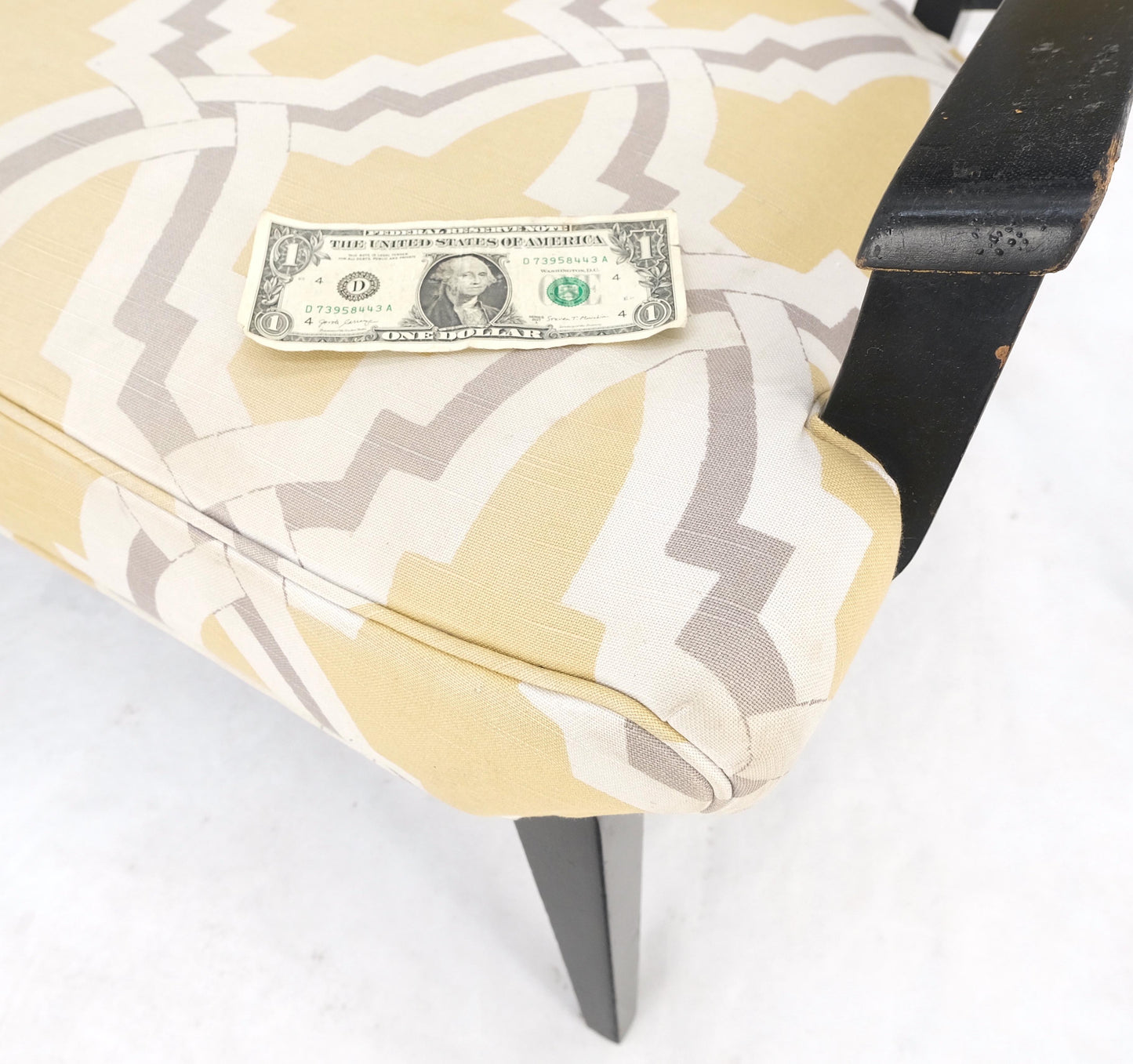 EstablishedLines Pair of Mid-Century Modern Black Lacquer Abstract Fabric Lounge Chairs AS IS