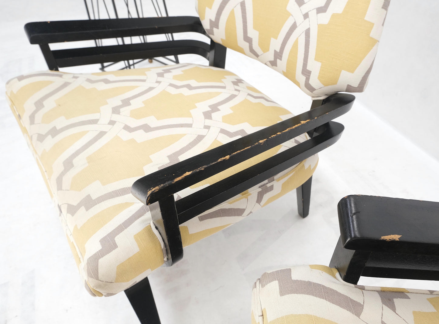 EstablishedLines Pair of Mid-Century Modern Black Lacquer Abstract Fabric Lounge Chairs AS IS