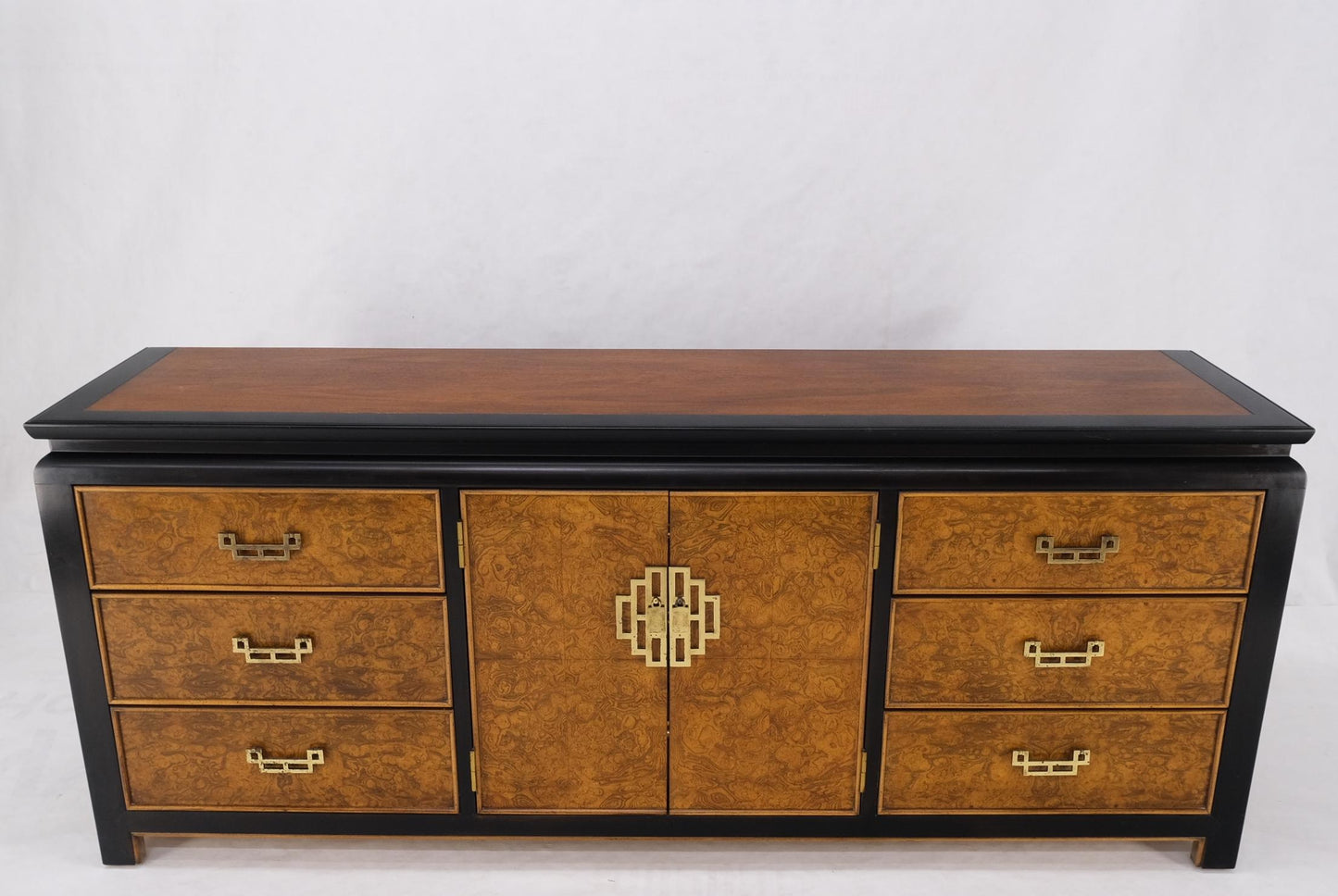 EstablishedLines Burl Wood Black Ebonized Border 9 Drawers Long Dresser Credenza Brass Pulls Mint