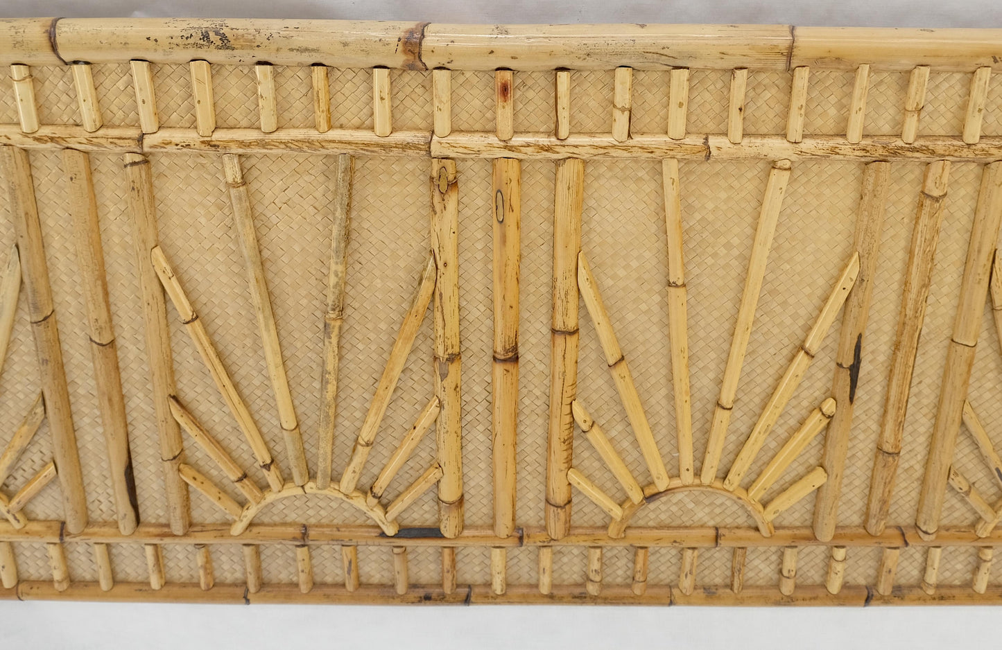 EstablishedLines Burnt Bamboo & Grasscloth Sun Burst Pattern Queen Size Headboard Bed MINT