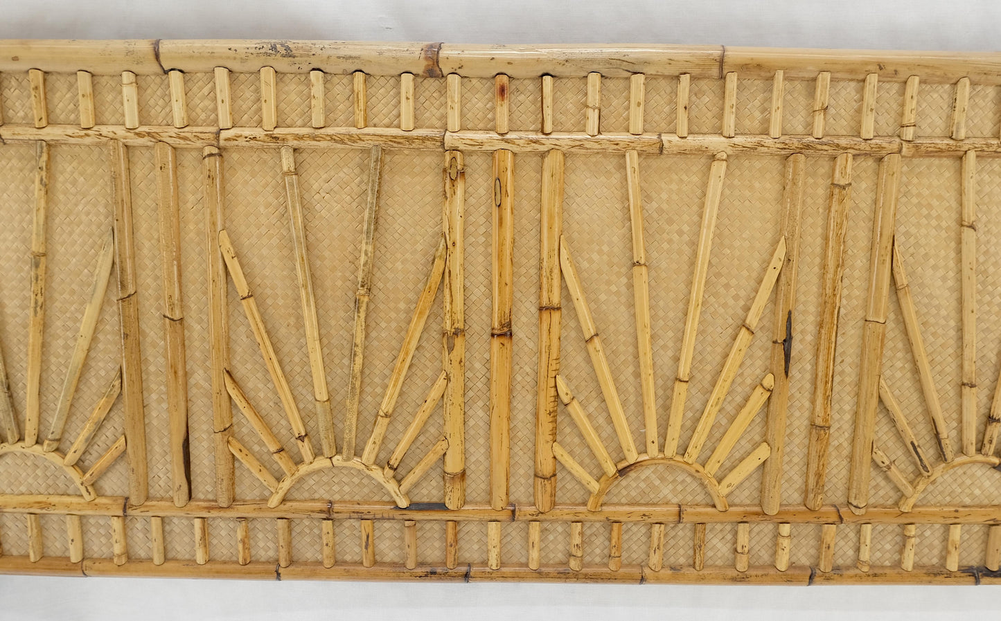 EstablishedLines Burnt Bamboo & Grasscloth Sun Burst Pattern Queen Size Headboard Bed MINT