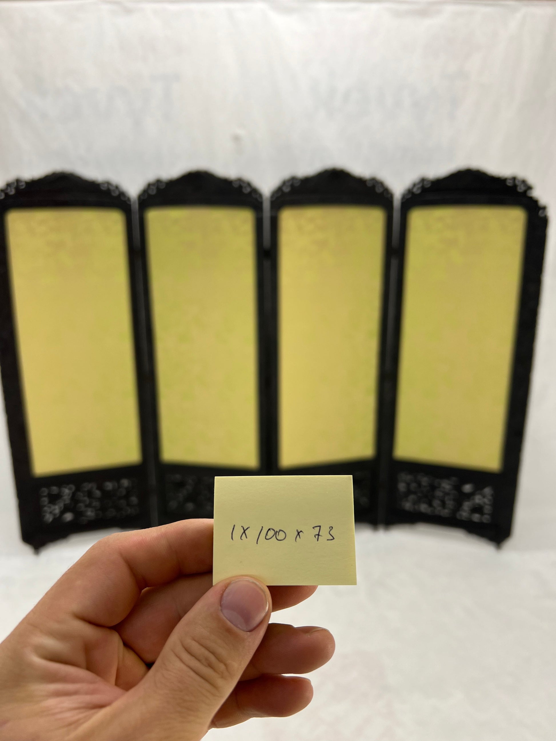 EstablishedLines Ebonised Teak & Silk Fine Carved Japanese Asian 4 Panel Screen Room Divider NICE