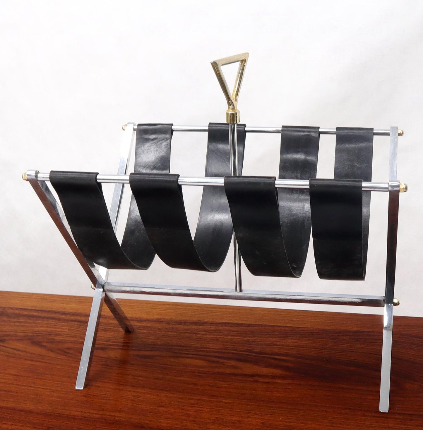 EstablishedLines Machined Chrome Bar X Base Brass Nuts and Leather Belts Magazine Rack Shelf