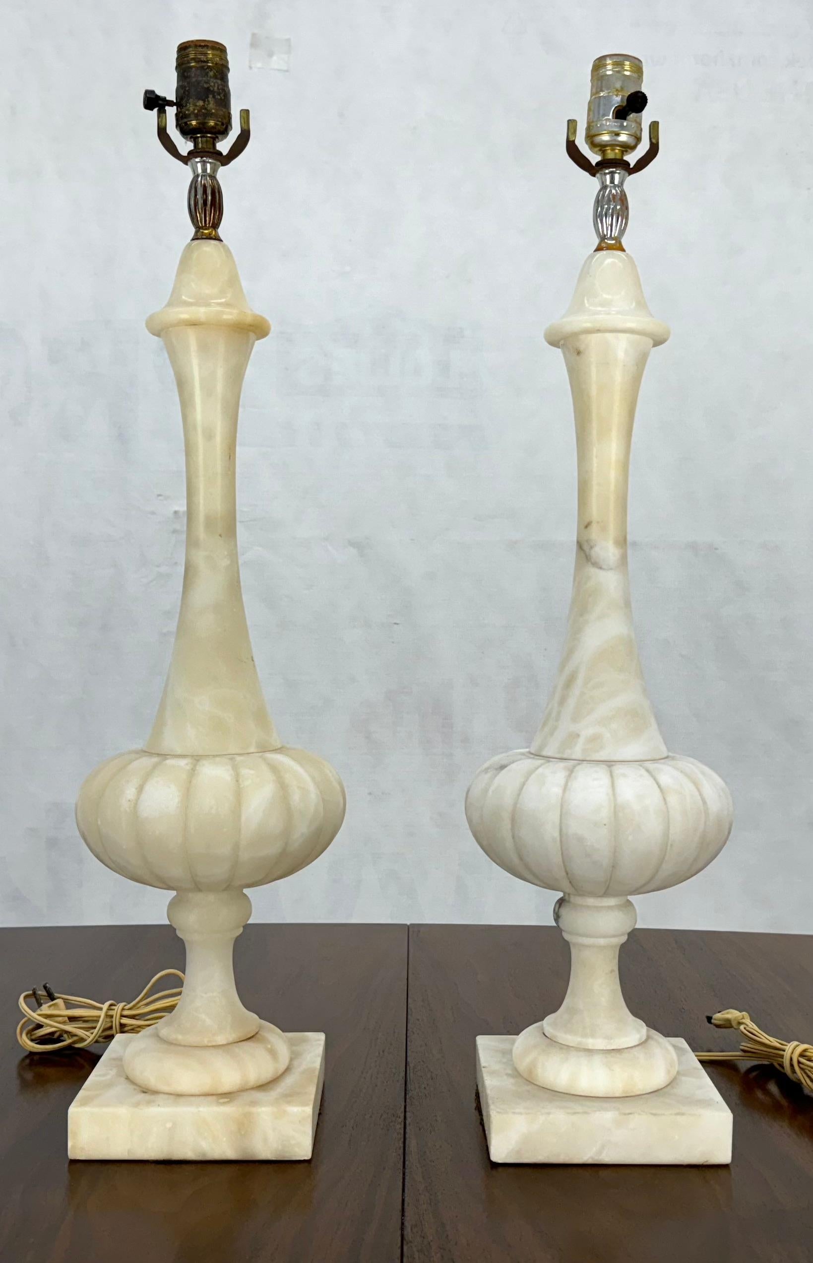 EstablishedLines Pair of Fine Elegant Alabaster Marble Onion Shape Bases Table Lamps Clean!