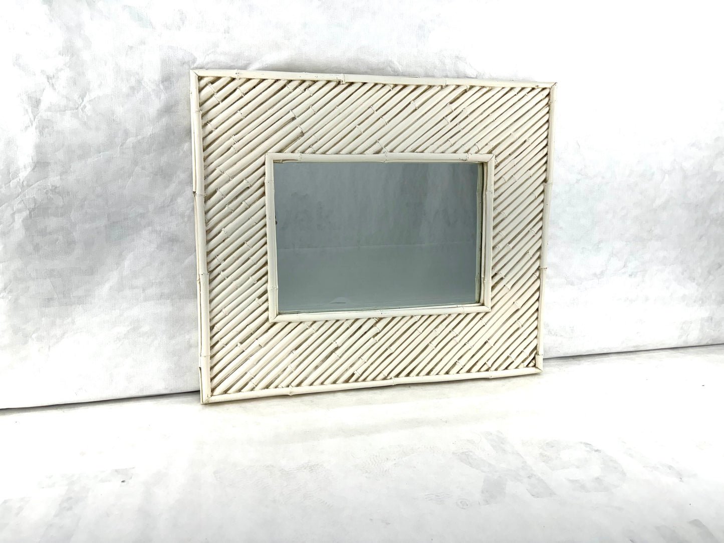 EstablishedLines Cast Faux Bamboo White Lacquer Frame Rectangle Wall Mirror Artist Signed & Dated