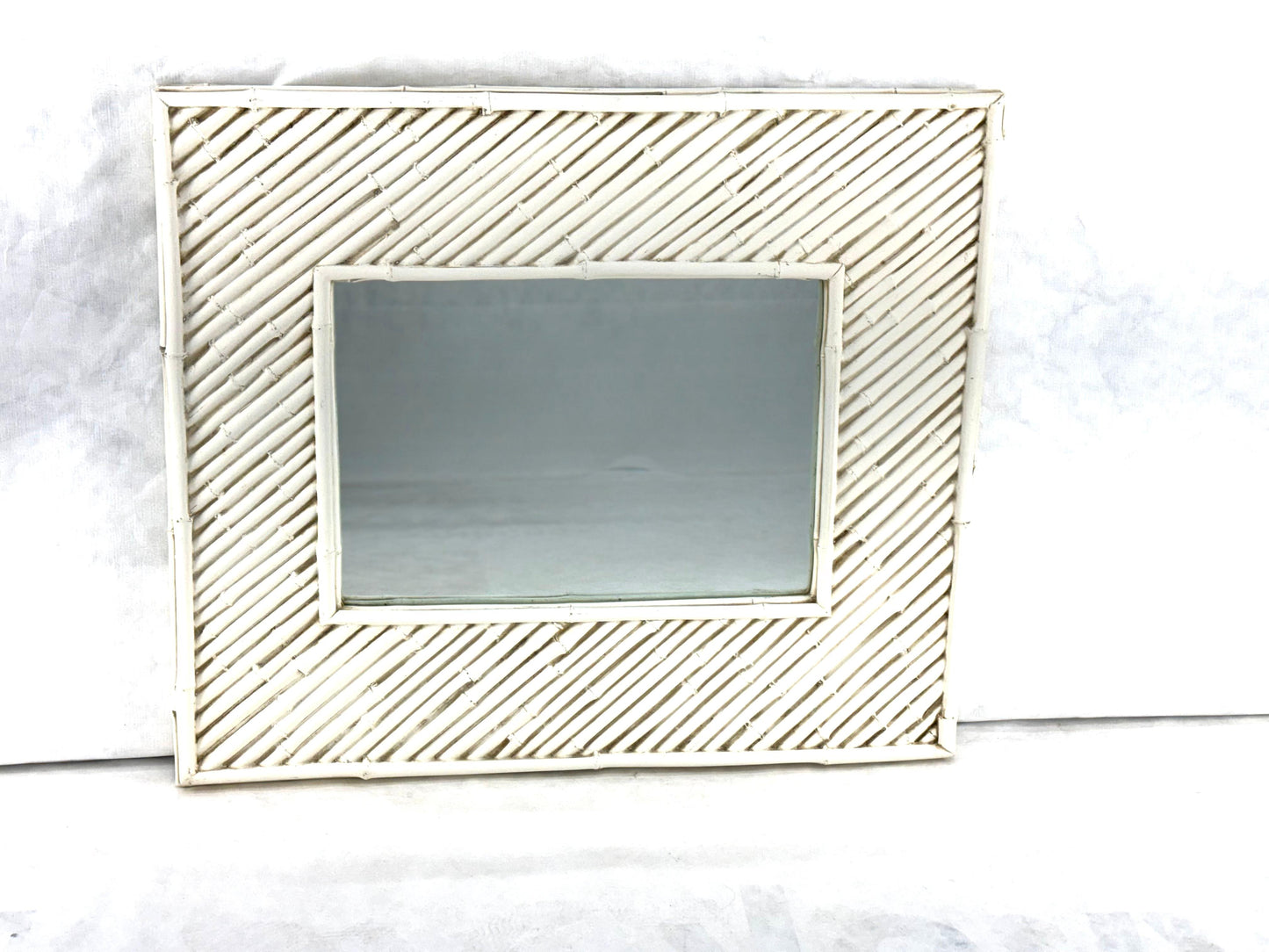 EstablishedLines Cast Faux Bamboo White Lacquer Frame Rectangle Wall Mirror Artist Signed & Dated