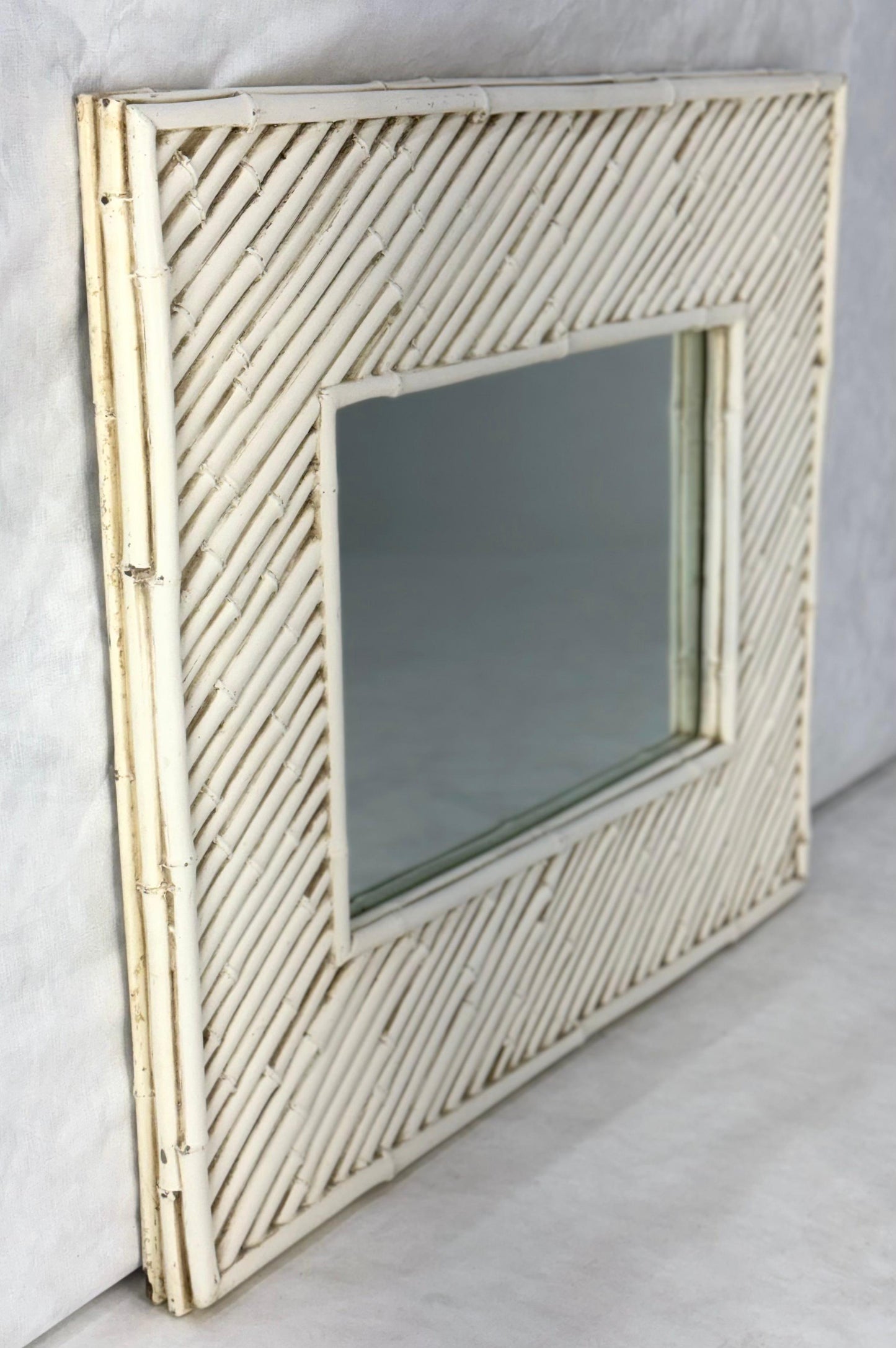 EstablishedLines Cast Faux Bamboo White Lacquer Frame Rectangle Wall Mirror Artist Signed & Dated