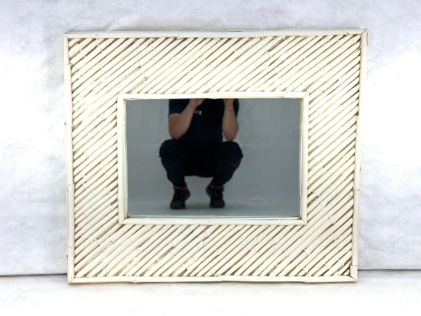 EstablishedLines Cast Faux Bamboo White Lacquer Frame Rectangle Wall Mirror Artist Signed & Dated