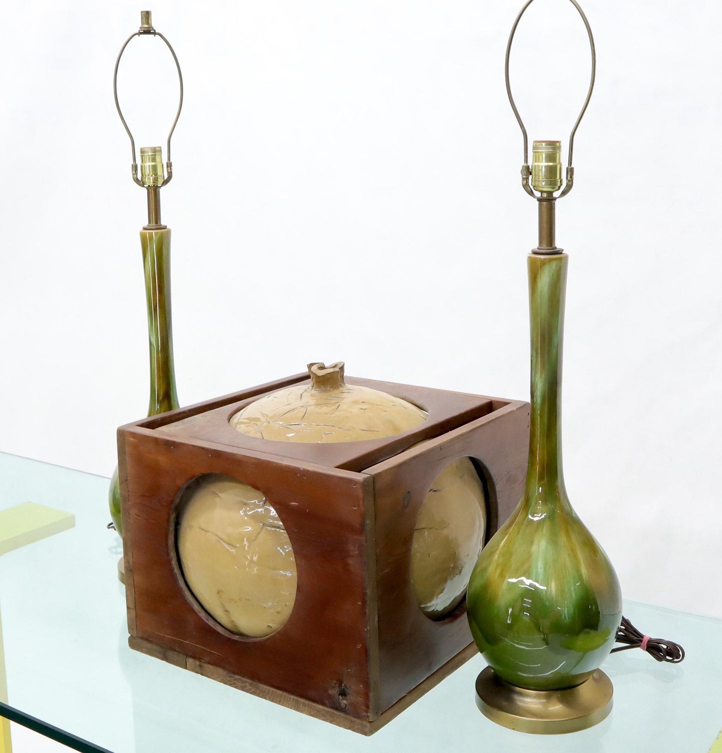 EstablishedLines Mid-Century Modern Sculpture of a Ceramic Sphere Ball Incased into Wooden Crate