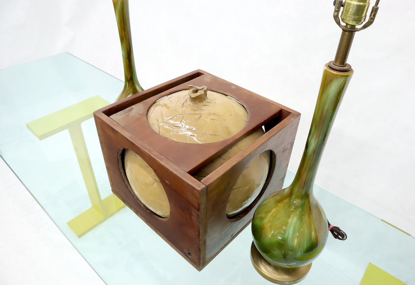 EstablishedLines Mid-Century Modern Sculpture of a Ceramic Sphere Ball Incased into Wooden Crate