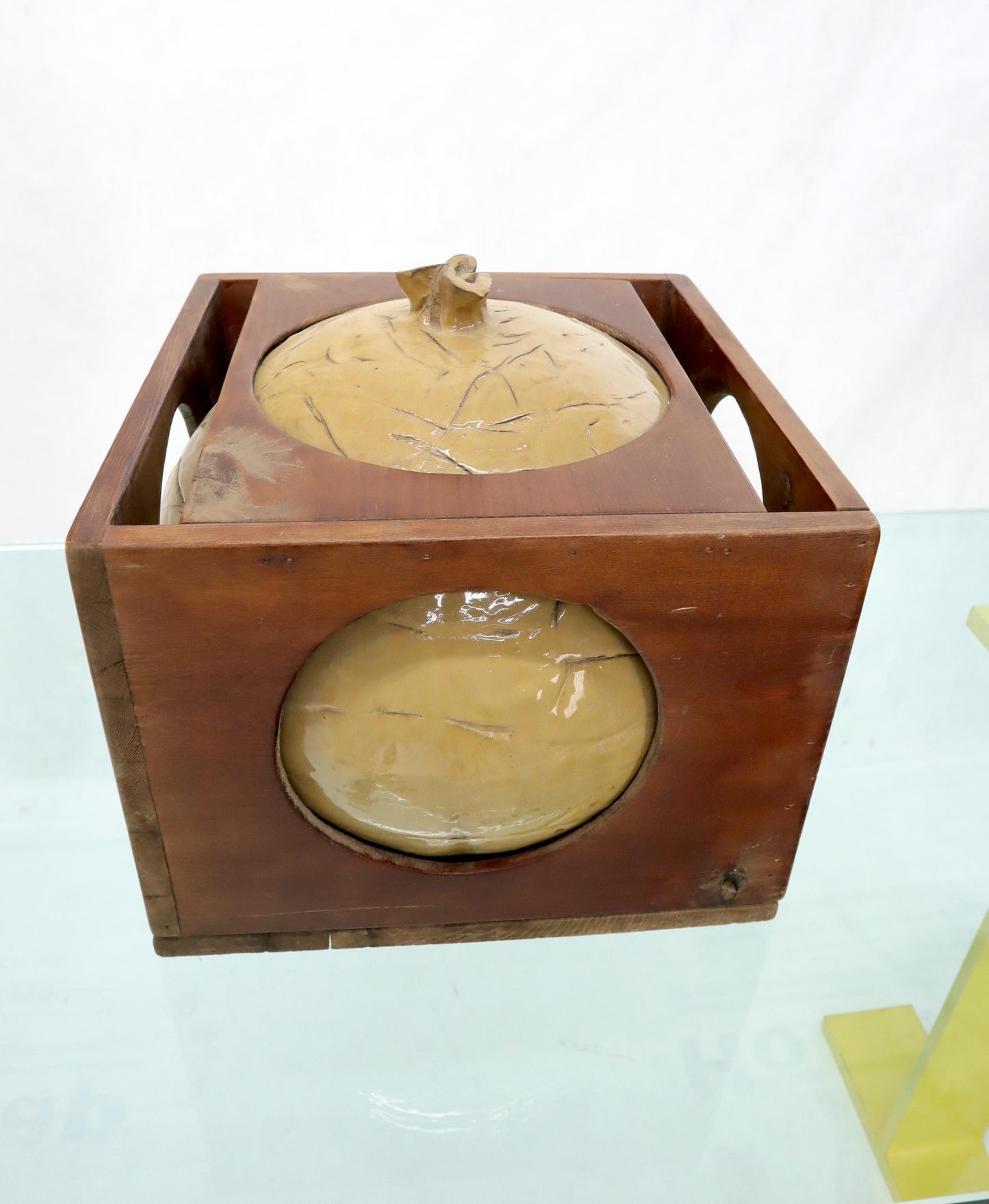 EstablishedLines Mid-Century Modern Sculpture of a Ceramic Sphere Ball Incased into Wooden Crate