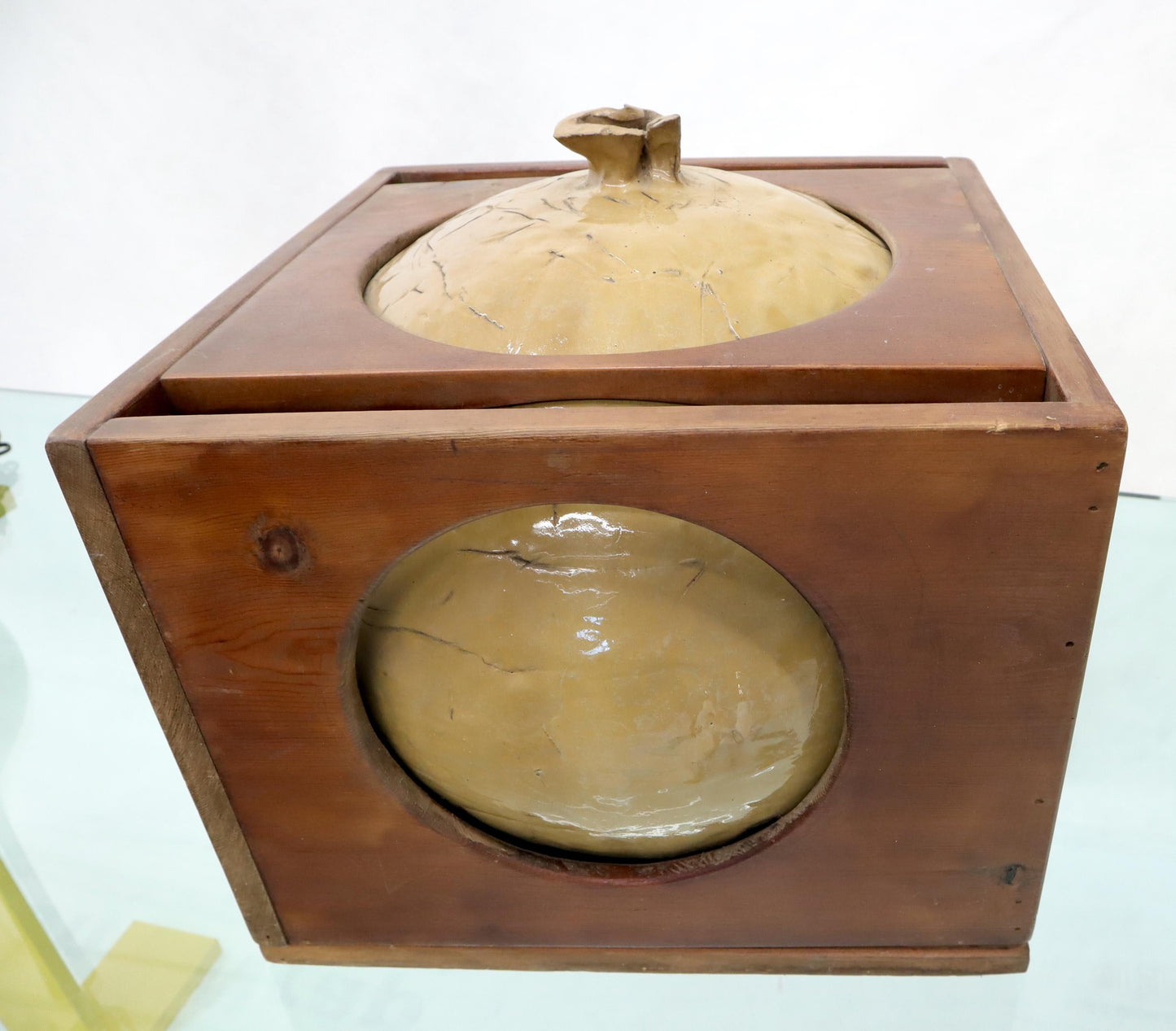 EstablishedLines Mid-Century Modern Sculpture of a Ceramic Sphere Ball Incased into Wooden Crate
