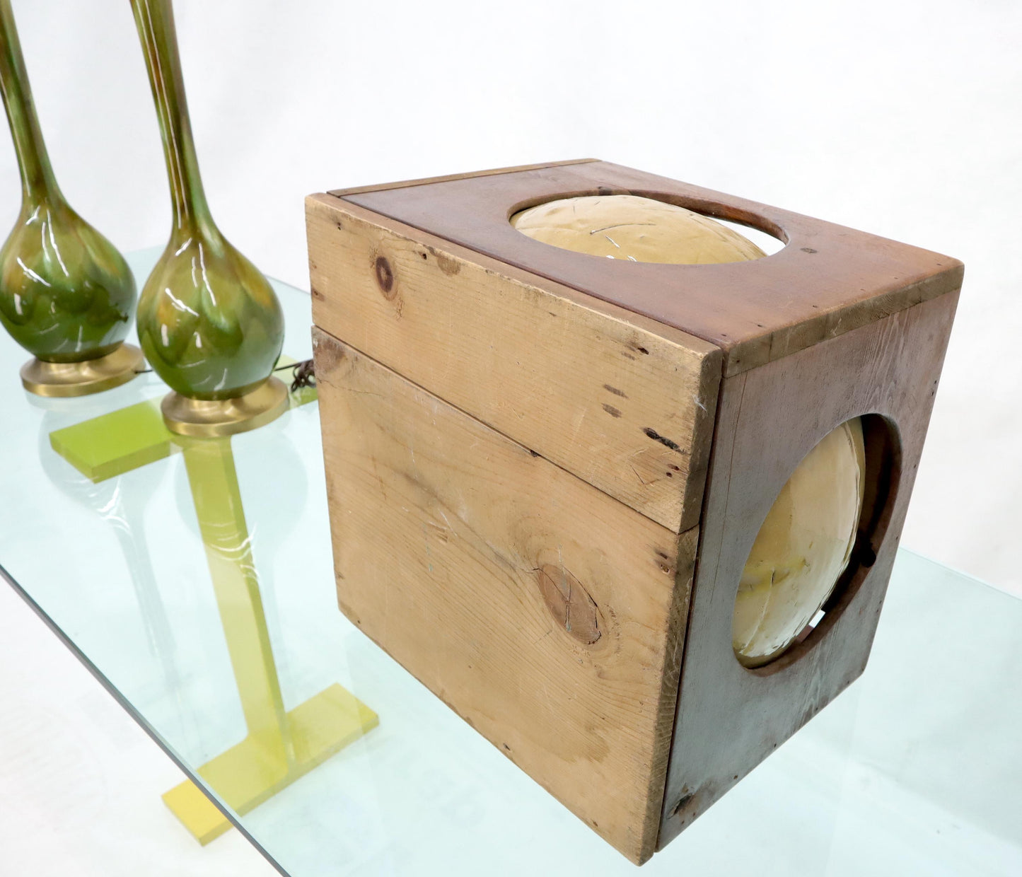 EstablishedLines Mid-Century Modern Sculpture of a Ceramic Sphere Ball Incased into Wooden Crate