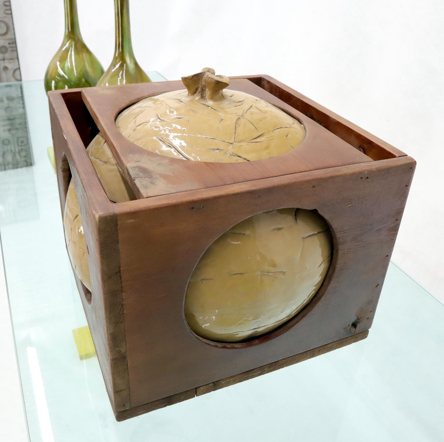 EstablishedLines Mid-Century Modern Sculpture of a Ceramic Sphere Ball Incased into Wooden Crate