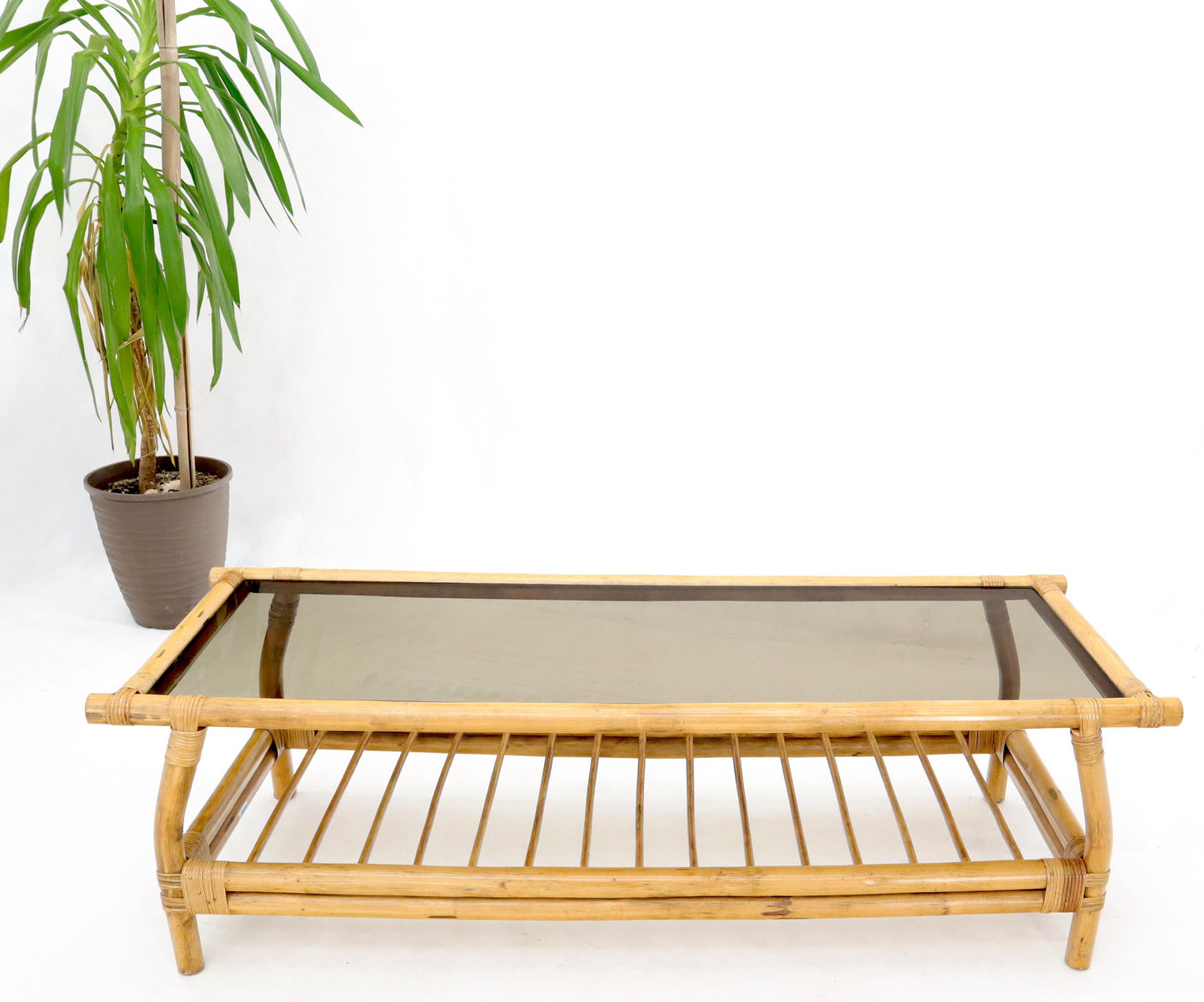 EstablishedLines Bamboo Rattan Rectangular Smoked Glass Top Coffee Table with Dowel Bottom Shelf