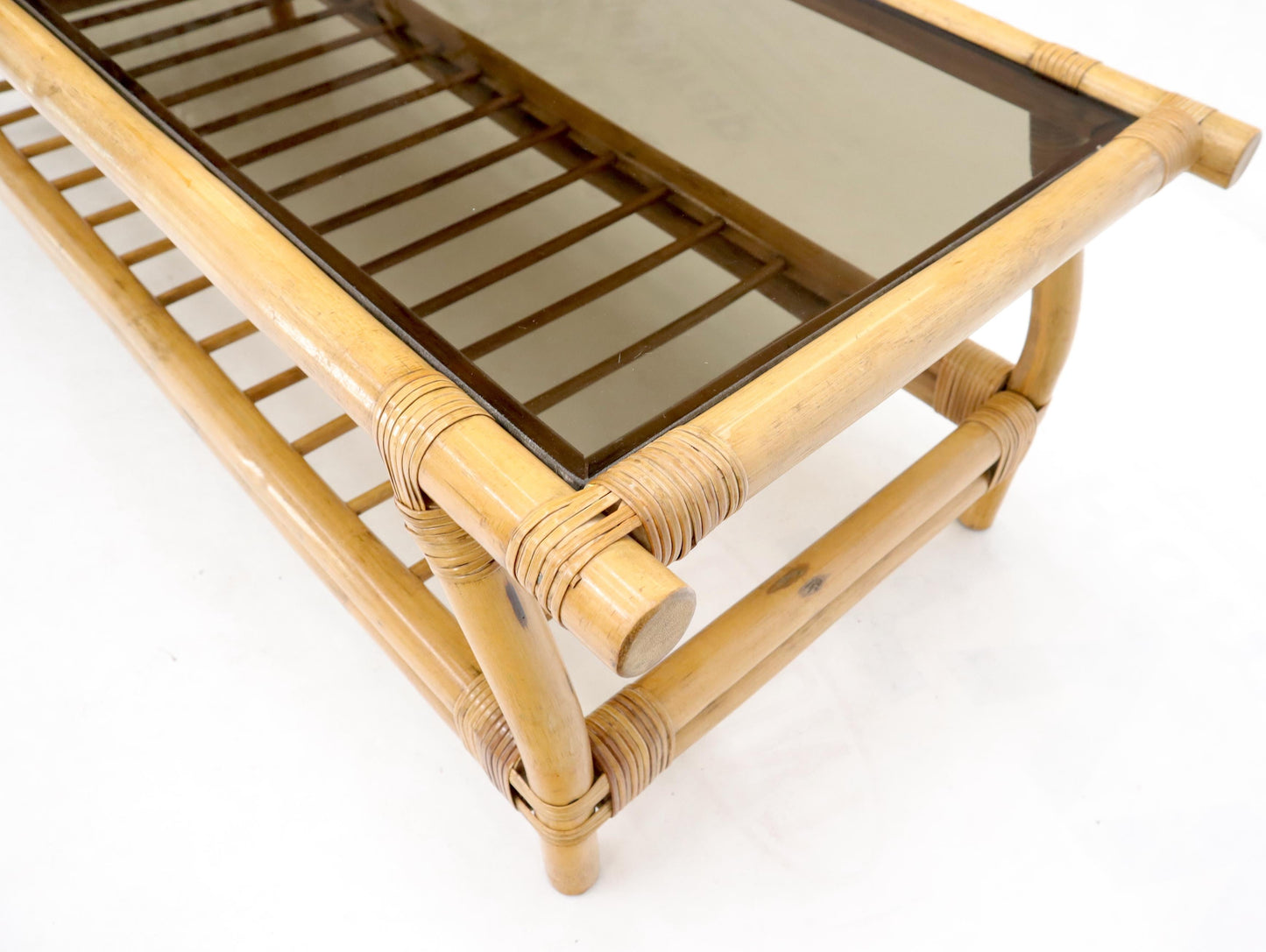 EstablishedLines Bamboo Rattan Rectangular Smoked Glass Top Coffee Table with Dowel Bottom Shelf