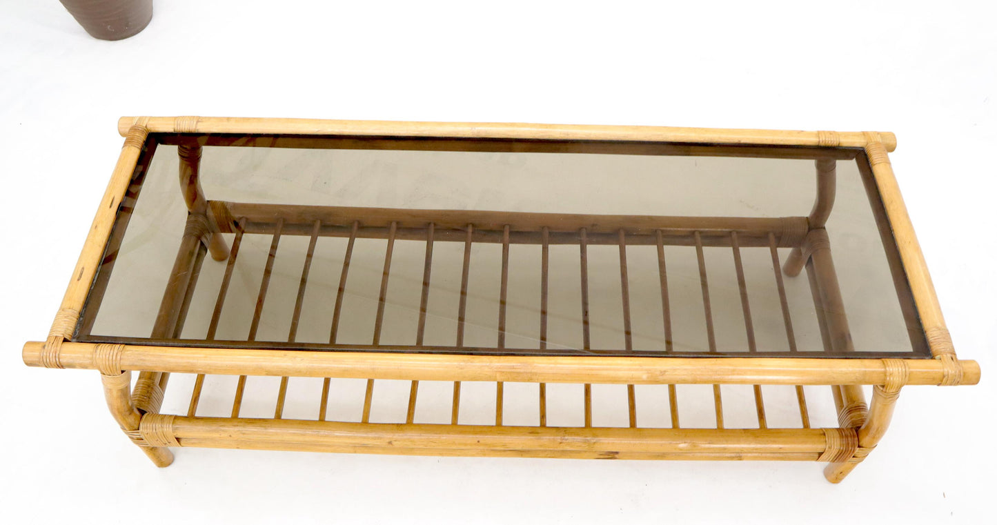 EstablishedLines Bamboo Rattan Rectangular Smoked Glass Top Coffee Table with Dowel Bottom Shelf