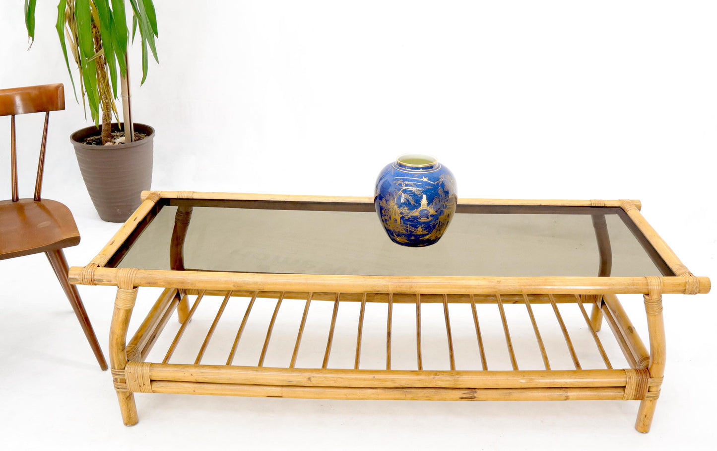 EstablishedLines Bamboo Rattan Rectangular Smoked Glass Top Coffee Table with Dowel Bottom Shelf