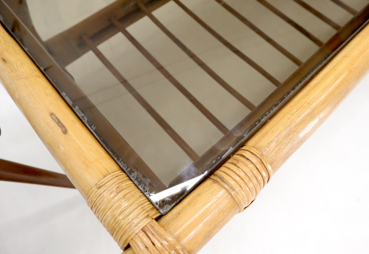 EstablishedLines Bamboo Rattan Rectangular Smoked Glass Top Coffee Table with Dowel Bottom Shelf