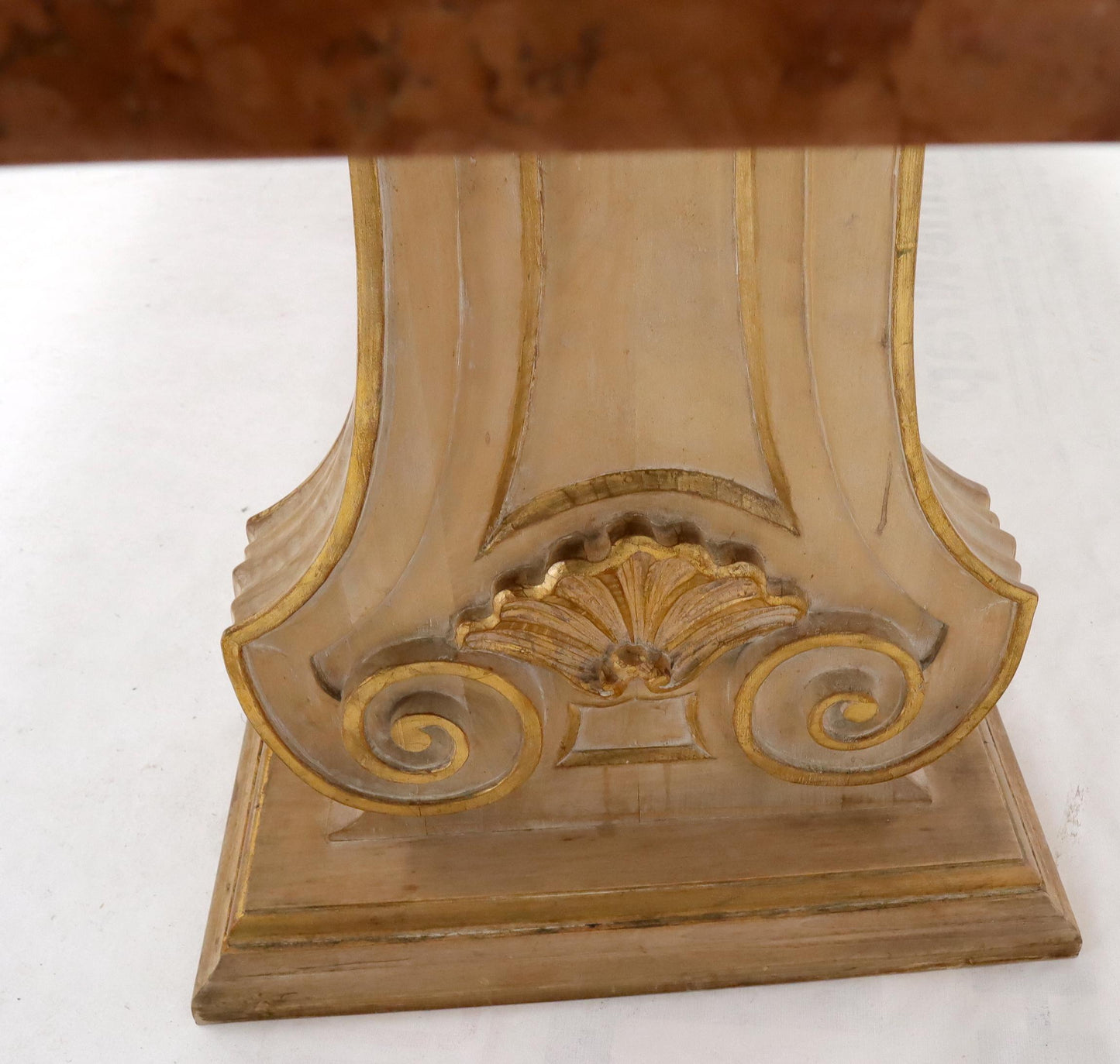 EstablishedLines Enamel Decorated Marble Top Dining Table on Carved Gold Lyre Shape Pedestals