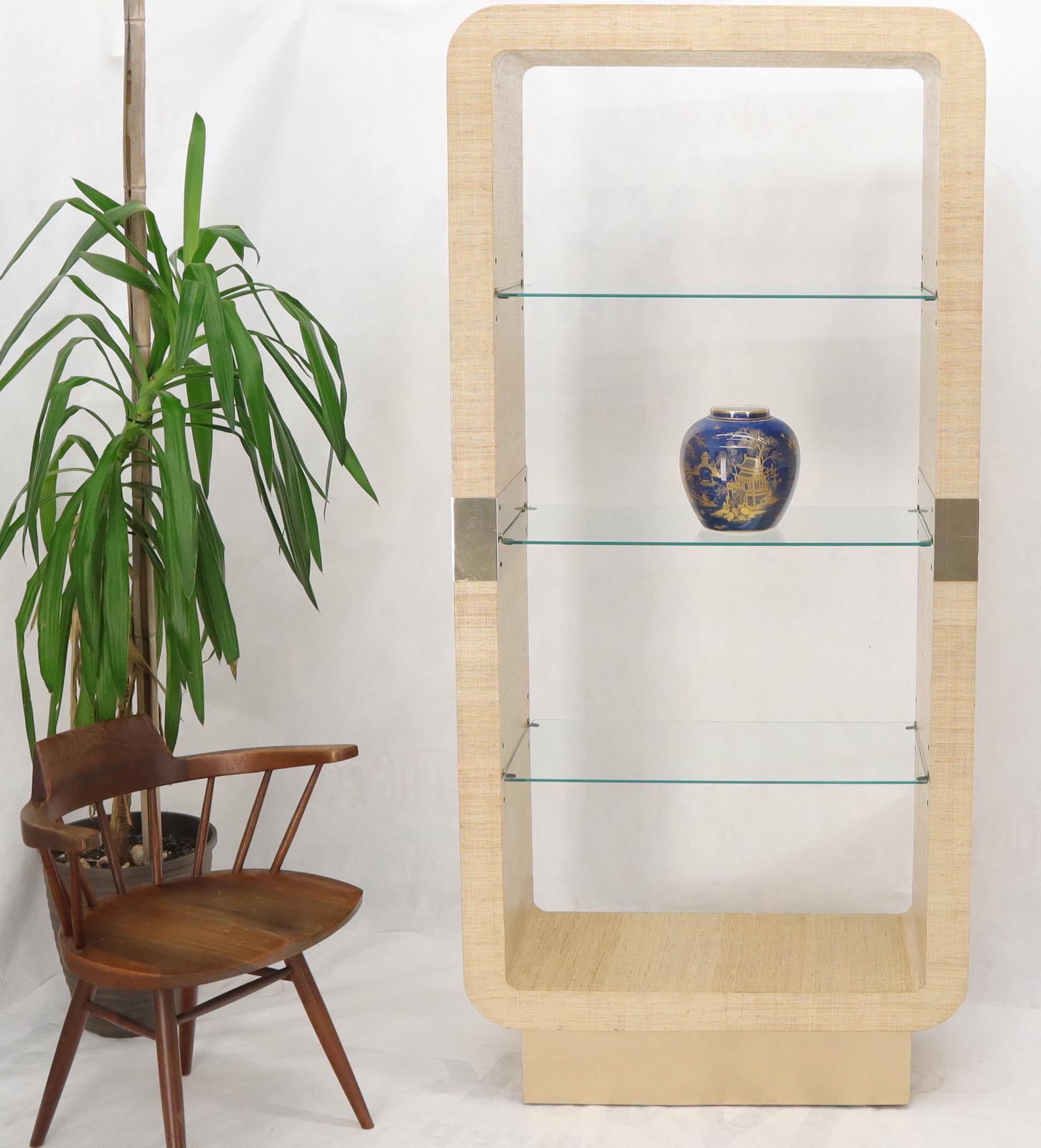 EstablishedLines Raffia Cloth Finished Rounded Angles Étagère Display Unit Glass Shelves