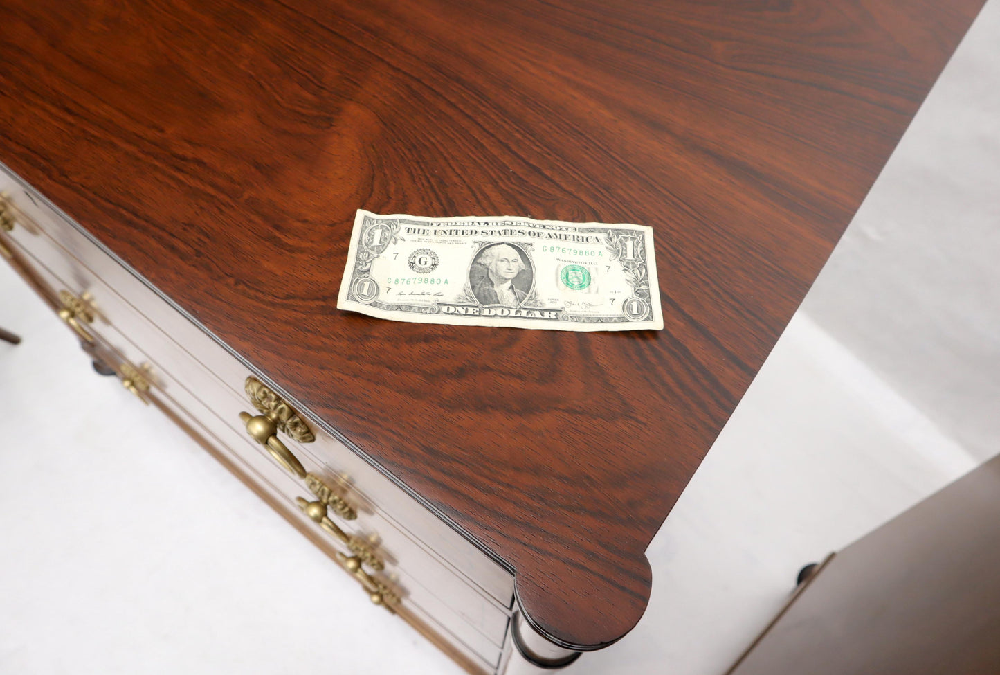 EstablishedLines Pair of Rosewood Tops Satin Wood Heavy Brass Ring Pulls 4-Drawer Bachelor Chests
