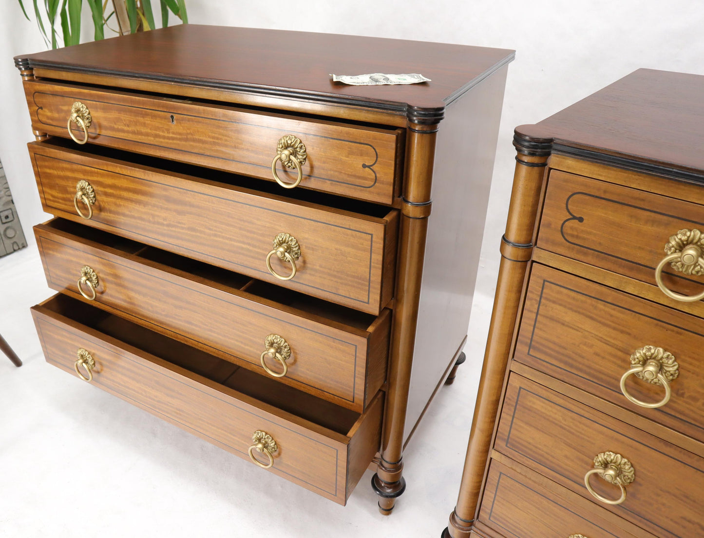 EstablishedLines Pair of Rosewood Tops Satin Wood Heavy Brass Ring Pulls 4-Drawer Bachelor Chests