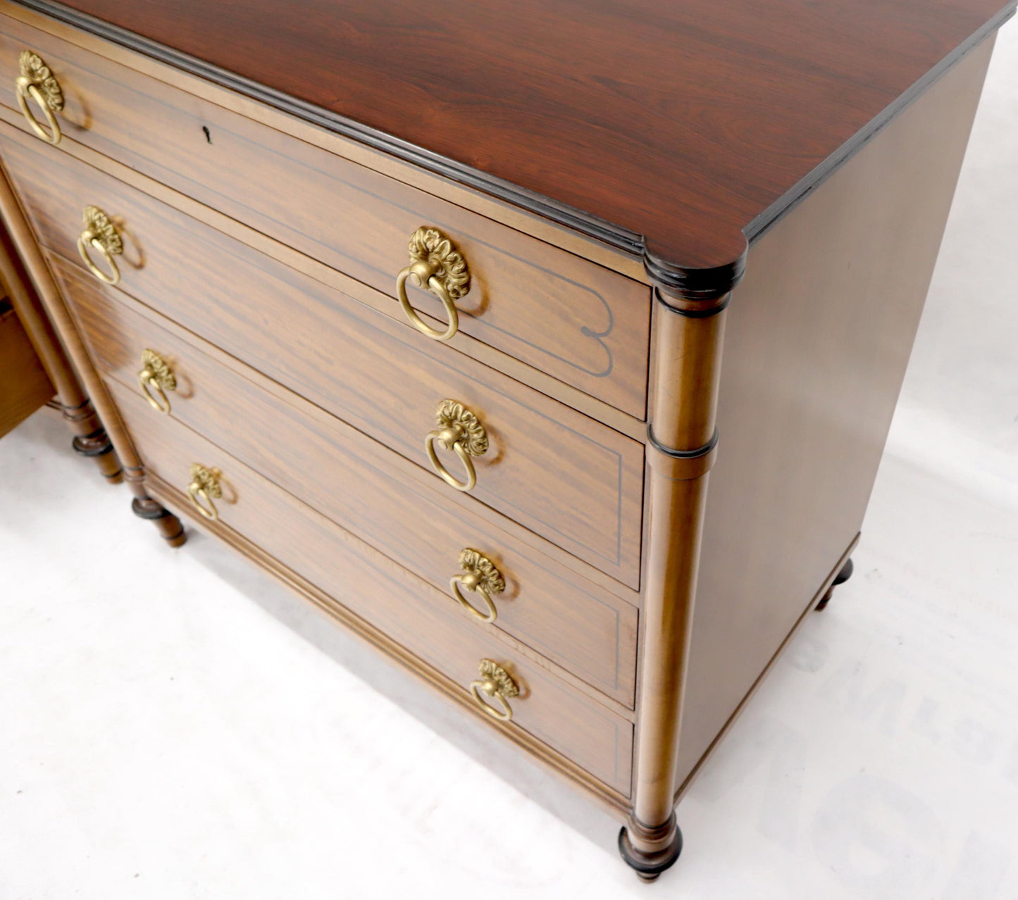 EstablishedLines Pair of Rosewood Tops Satin Wood Heavy Brass Ring Pulls 4-Drawer Bachelor Chests