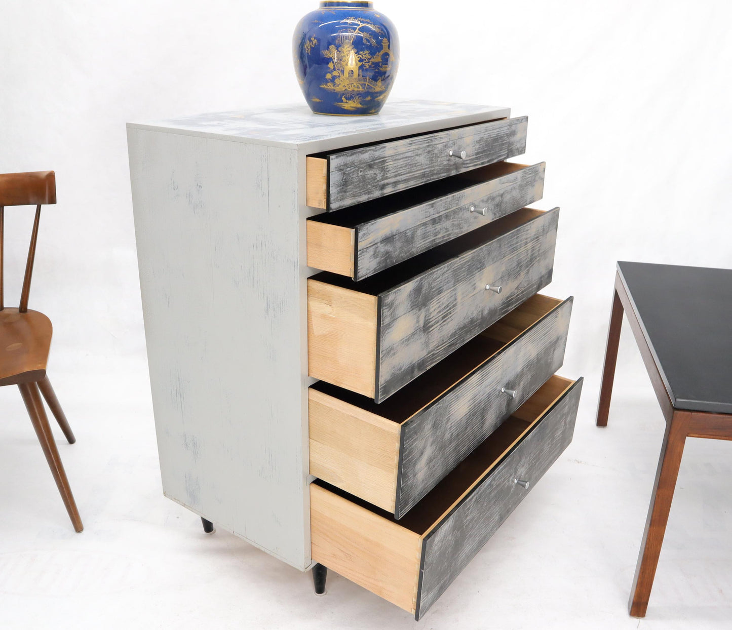 EstablishedLines Shabby Chic Finish 5 Drawers Paul McCobb Dresser with Cone Pulls