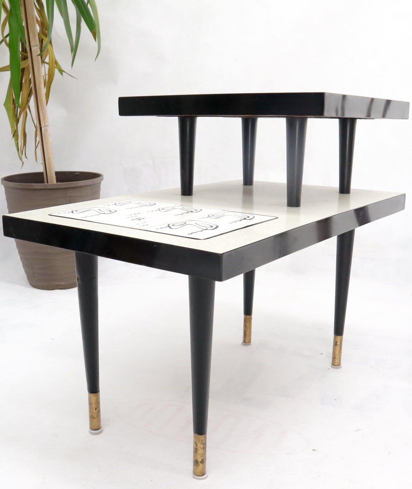 EstablishedLines Pair of Tile Top Step End Side Table on Tapered Dowel Shape Leg