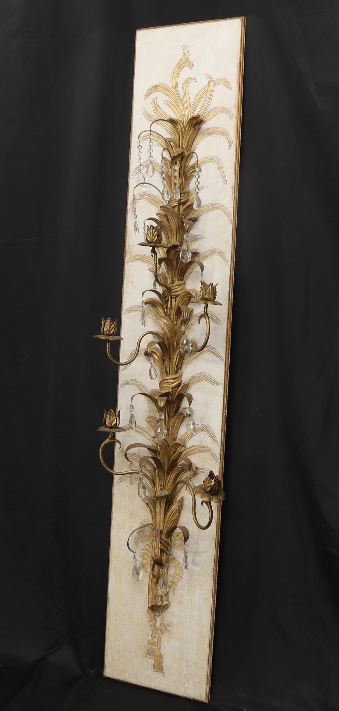 EstablishedLines Very Large Tall Gold Gilt Metal Crystal Decorated Wall Candle Holders Sconce