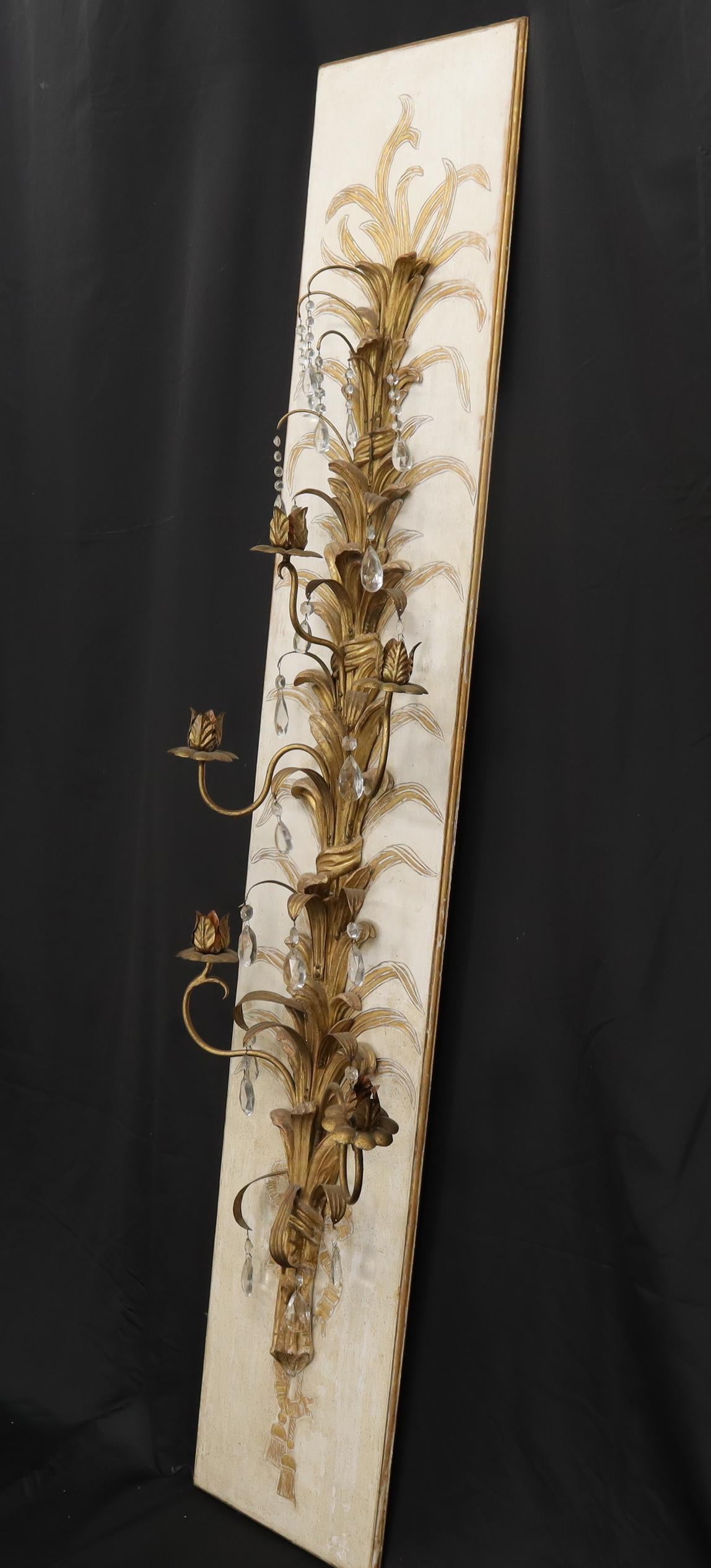 EstablishedLines Very Large Tall Gold Gilt Metal Crystal Decorated Wall Candle Holders Sconce