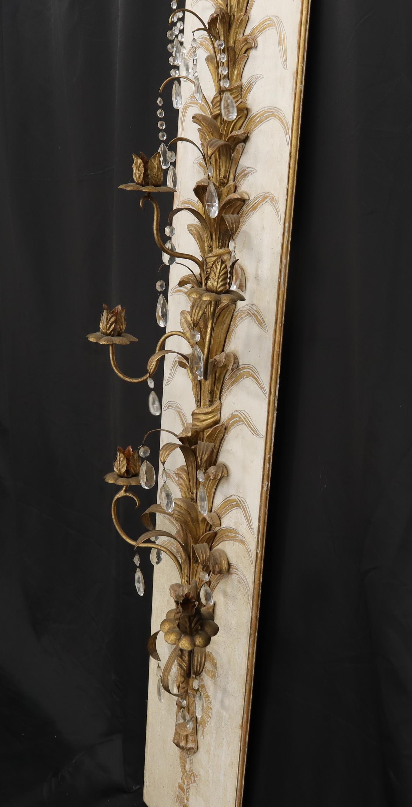 EstablishedLines Very Large Tall Gold Gilt Metal Crystal Decorated Wall Candle Holders Sconce