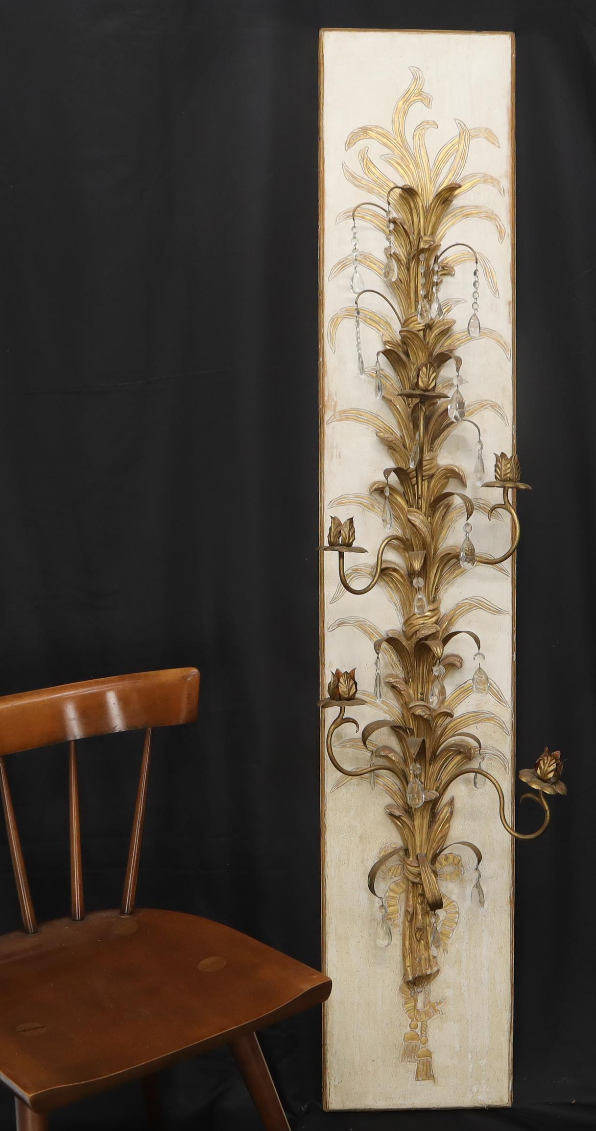 EstablishedLines Very Large Tall Gold Gilt Metal Crystal Decorated Wall Candle Holders Sconce