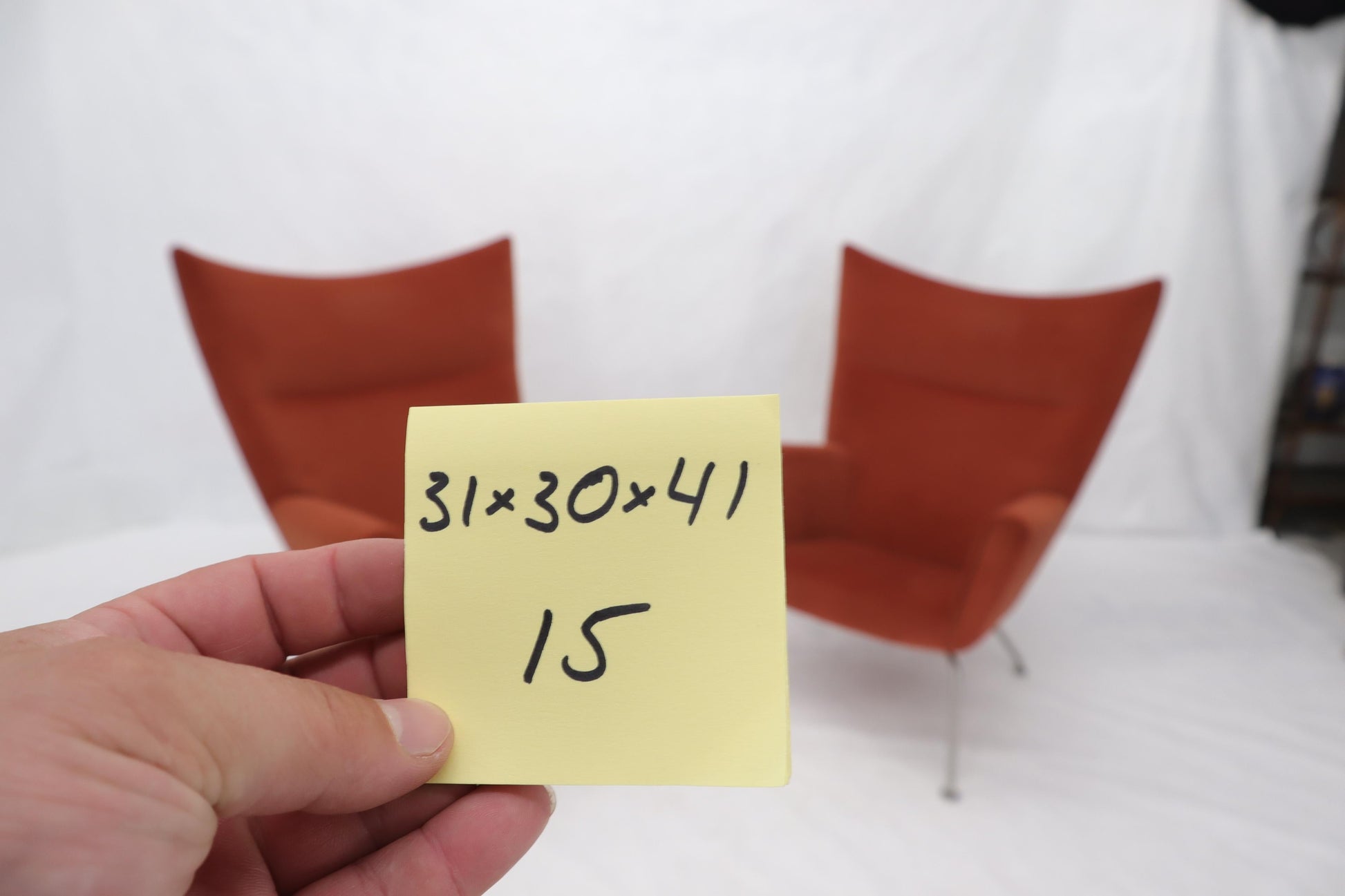 EstablishedLines Pair of Hans Wegner for Carl Hansen Wing Chair in Orange Velvet like Fabric OX